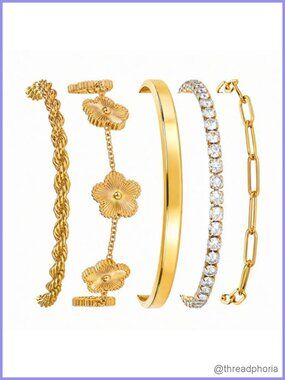 18K Gold Plated Non Tarnish 5-Pc Bracelet Set for Women Stackable Cuff & Chain